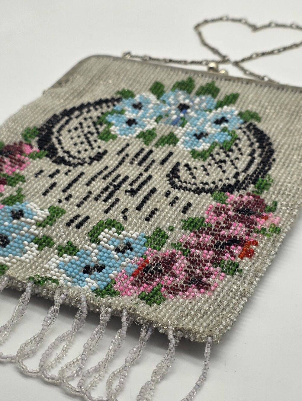 Antique Edwardian Micro Beaded Purse 1910s Floral Glass Seed Bead Evening Bag - Picture 2 of 16